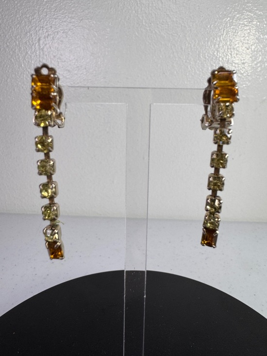 Jewelry - Vintage Amber & Clear crystal Rhinestone Clip-On Drop Earrings + Velvet Gift Bag